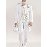 Retro Embroidered Men Suits Prince Style Stand Collar Male Blazer Banquet Groom Wedding Tuxedos Formal Suit (Jacket+Pants+Vest) As Picture CHINA